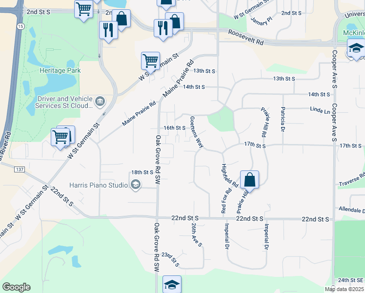map of restaurants, bars, coffee shops, grocery stores, and more near 2725 Shannon Place in St. Cloud