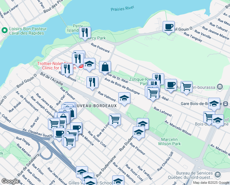 map of restaurants, bars, coffee shops, grocery stores, and more near 11900 Rue Desenclaves in Montréal