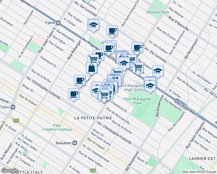 map of restaurants, bars, coffee shops, grocery stores, and more near 6535 Rue de Lanaudière in Montréal