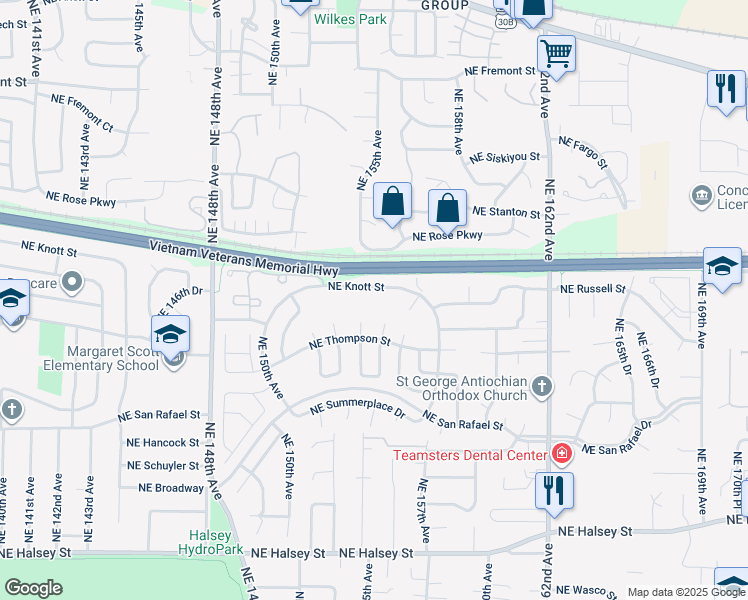 map of restaurants, bars, coffee shops, grocery stores, and more near 15510 Northeast Knott Street in Portland
