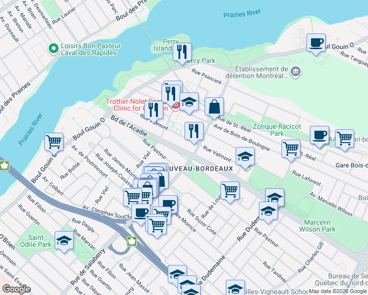 map of restaurants, bars, coffee shops, grocery stores, and more near 12025 Boulevard de l'Acadie in Montréal