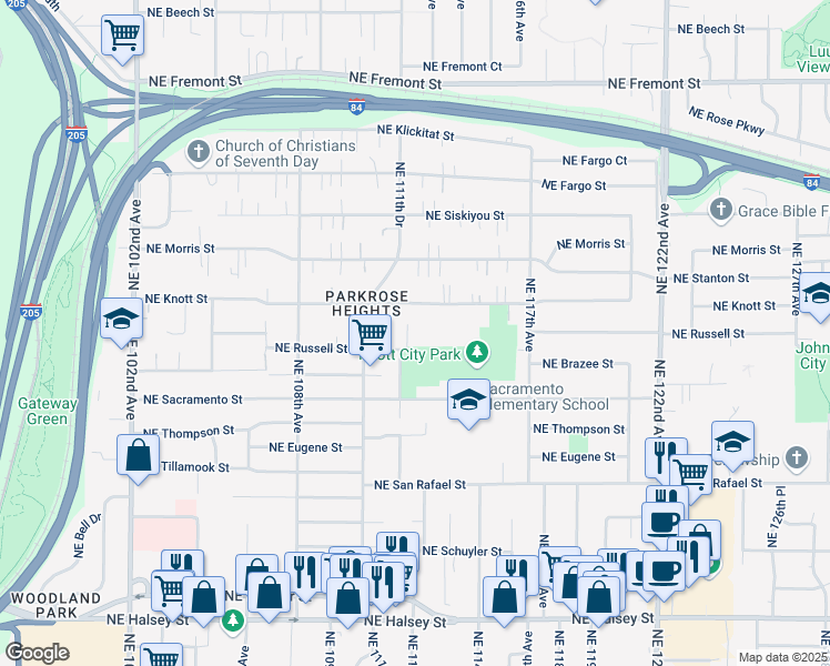 map of restaurants, bars, coffee shops, grocery stores, and more near 11237 Northeast Russell Street in Portland