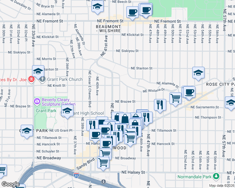 map of restaurants, bars, coffee shops, grocery stores, and more near 2545 Northeast 43rd Avenue in Portland