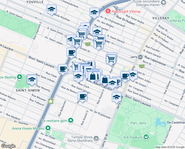 map of restaurants, bars, coffee shops, grocery stores, and more near 8455 Rue Saint-Dominique in Montréal