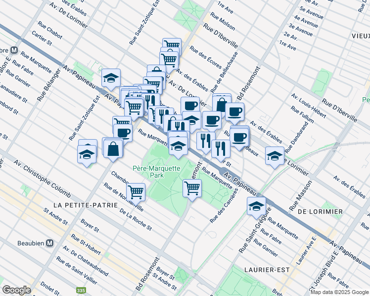 map of restaurants, bars, coffee shops, grocery stores, and more near 6024 Avenue Papineau in Montreal