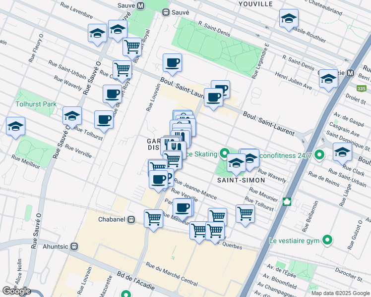 map of restaurants, bars, coffee shops, grocery stores, and more near in Montreal