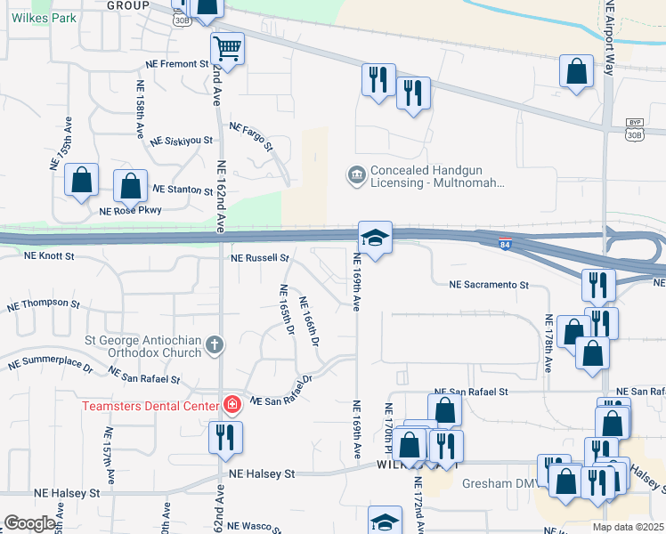 map of restaurants, bars, coffee shops, grocery stores, and more near 17020 Northeast Wilkes Road in Portland