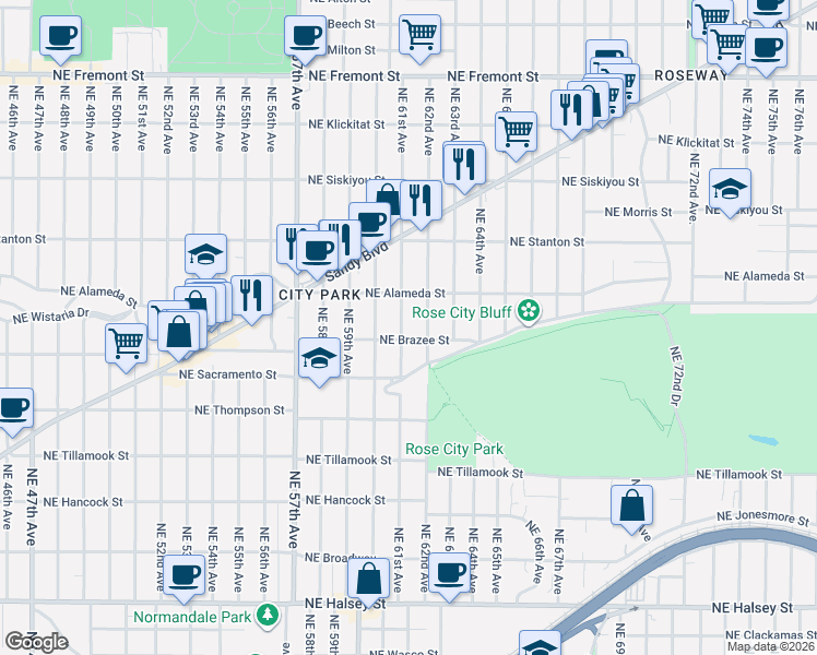 map of restaurants, bars, coffee shops, grocery stores, and more near 2539 Northeast 62nd Avenue in Portland