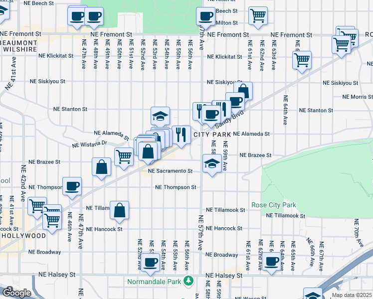 map of restaurants, bars, coffee shops, grocery stores, and more near 2556 Northeast 56th Avenue in Portland