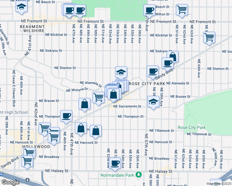 map of restaurants, bars, coffee shops, grocery stores, and more near 5303 Northeast Wistaria Drive in Portland
