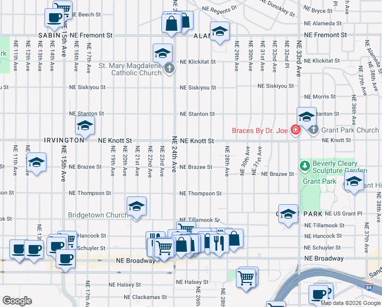 map of restaurants, bars, coffee shops, grocery stores, and more near 2614 Northeast 25th Avenue in Portland