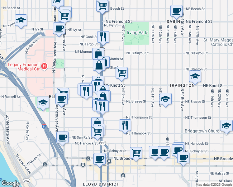 map of restaurants, bars, coffee shops, grocery stores, and more near 2662 Northeast 6th Place in Portland