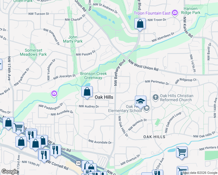 map of restaurants, bars, coffee shops, grocery stores, and more near 3025 Northwest 159th Terrace in Beaverton