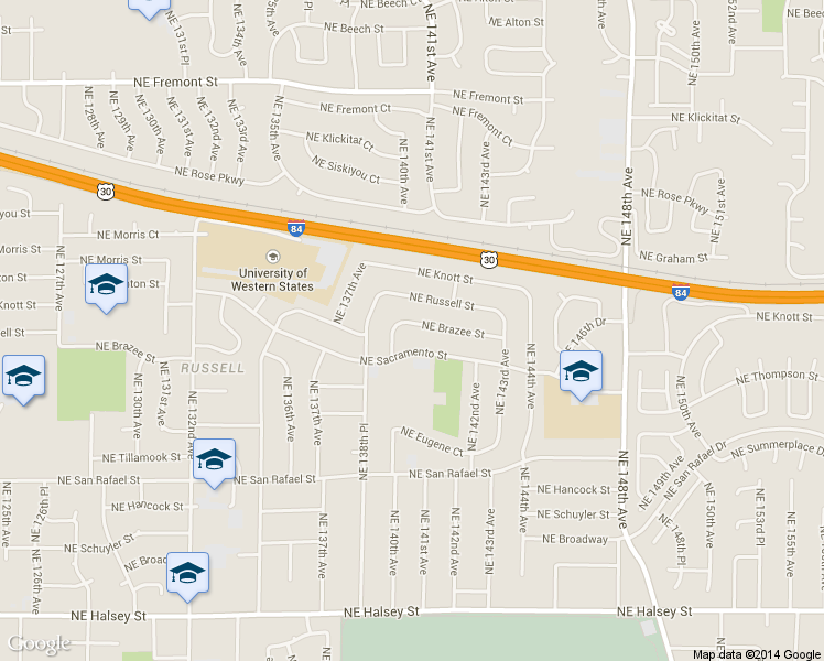 map of restaurants, bars, coffee shops, grocery stores, and more near 14004 Northeast Brazee Street in Portland