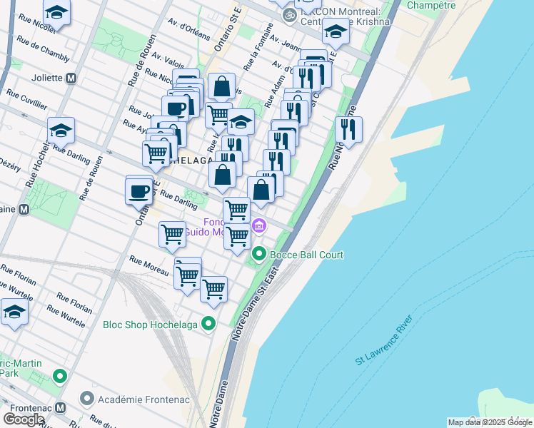 map of restaurants, bars, coffee shops, grocery stores, and more near 3400 Rue Sainte-Catherine Est in Montreal