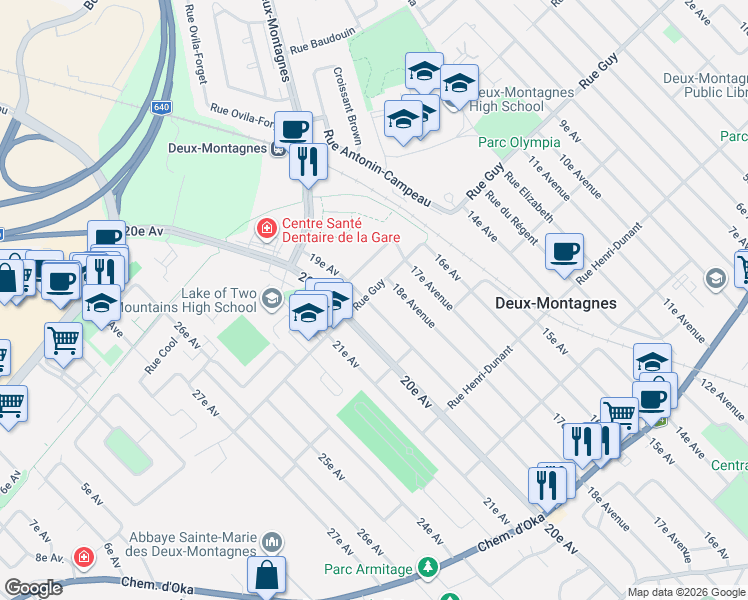 map of restaurants, bars, coffee shops, grocery stores, and more near 345 19e Avenue in Deux-Montagnes