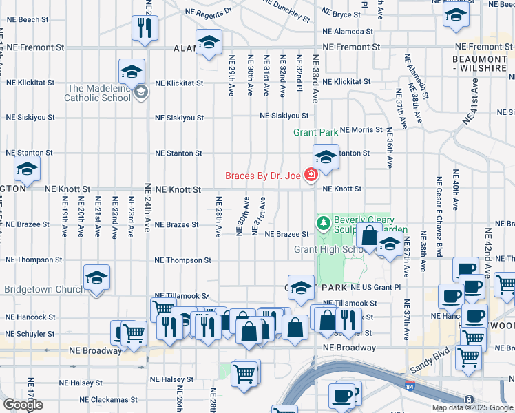 map of restaurants, bars, coffee shops, grocery stores, and more near 2603 Northeast 31st Avenue in Portland