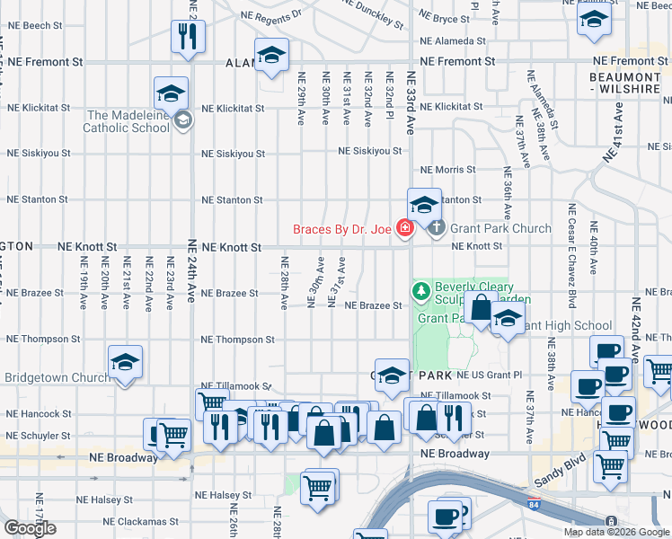map of restaurants, bars, coffee shops, grocery stores, and more near 2603 Northeast 31st Avenue in Portland
