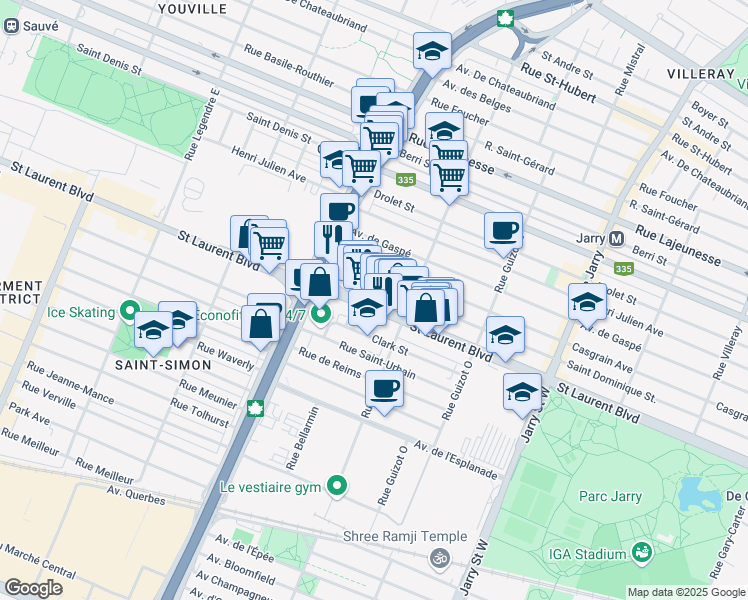 map of restaurants, bars, coffee shops, grocery stores, and more near 8595 St Laurent Blvd in Montreal