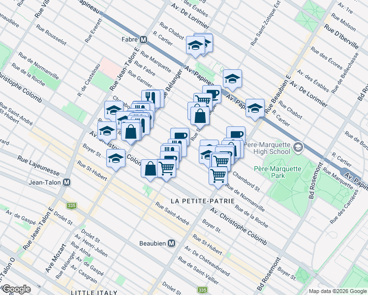map of restaurants, bars, coffee shops, grocery stores, and more near 1281 Rue Saint-Zotique Est in Montréal