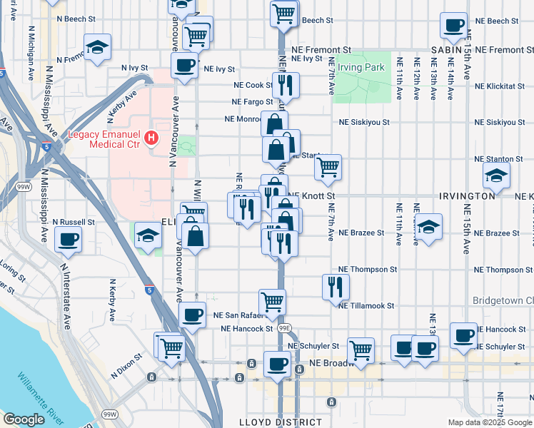 map of restaurants, bars, coffee shops, grocery stores, and more near 305 Northeast Russell Street in Portland