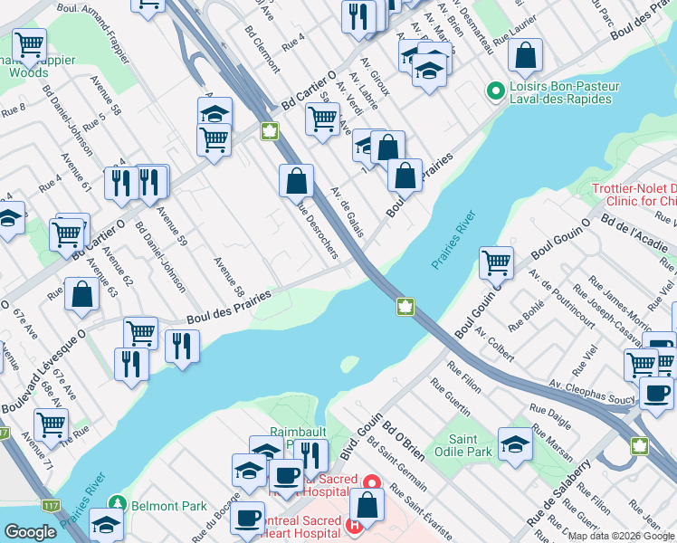 map of restaurants, bars, coffee shops, grocery stores, and more near 502 Boulevard des Prairies in Laval