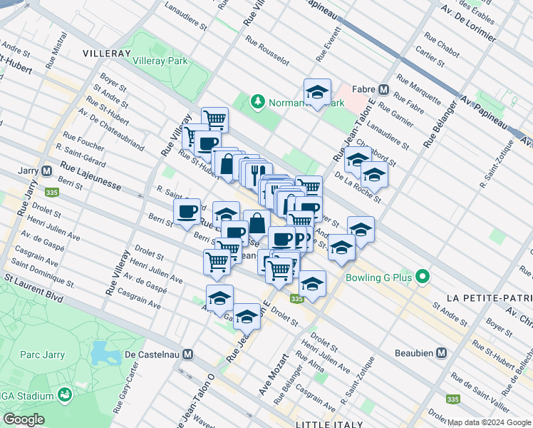 map of restaurants, bars, coffee shops, grocery stores, and more near 7288 Rue Saint-Hubert in Montréal