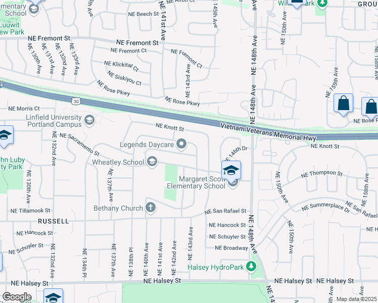 map of restaurants, bars, coffee shops, grocery stores, and more near 14235 Northeast Brazee Street in Portland