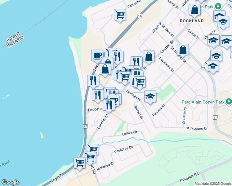 map of restaurants, bars, coffee shops, grocery stores, and more near 2768 Laurier Street in Clarence-Rockland