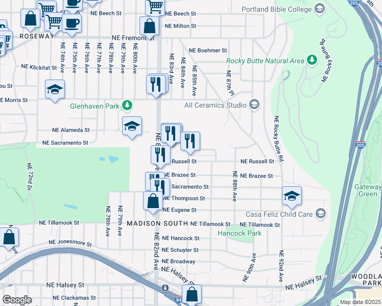 map of restaurants, bars, coffee shops, grocery stores, and more near 8406 Northeast Knott Street in Portland