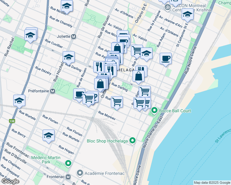 map of restaurants, bars, coffee shops, grocery stores, and more near 1853 Rue Saint-Germain in Montréal