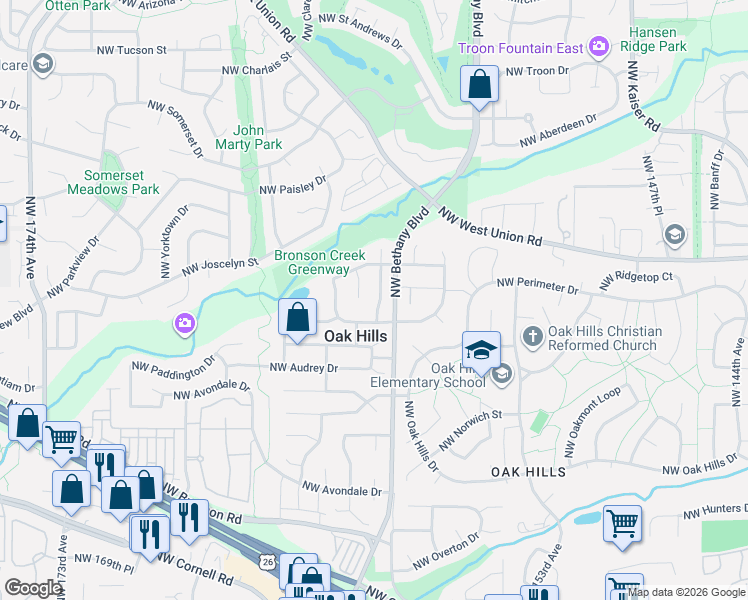 map of restaurants, bars, coffee shops, grocery stores, and more near 3005 Northwest 159th Terrace in Beaverton