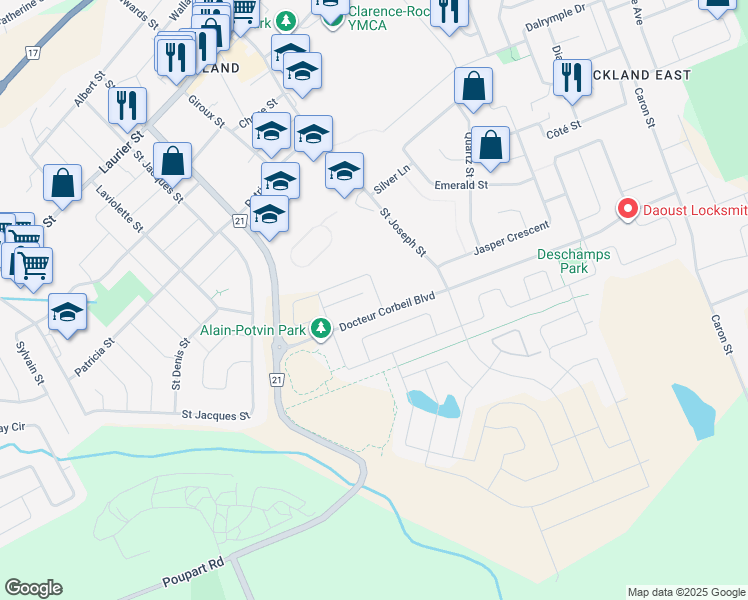map of restaurants, bars, coffee shops, grocery stores, and more near 2224 Marble Crescent in Clarence-Rockland