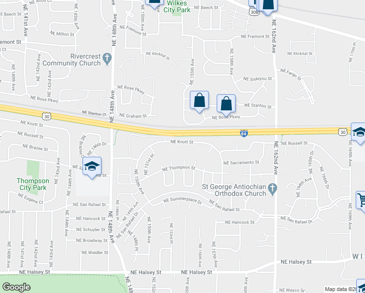 map of restaurants, bars, coffee shops, grocery stores, and more near 15510 Northeast Knott Street in Portland