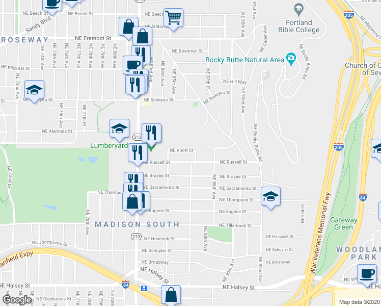map of restaurants, bars, coffee shops, grocery stores, and more near 2840 Northeast 86th Avenue in Portland