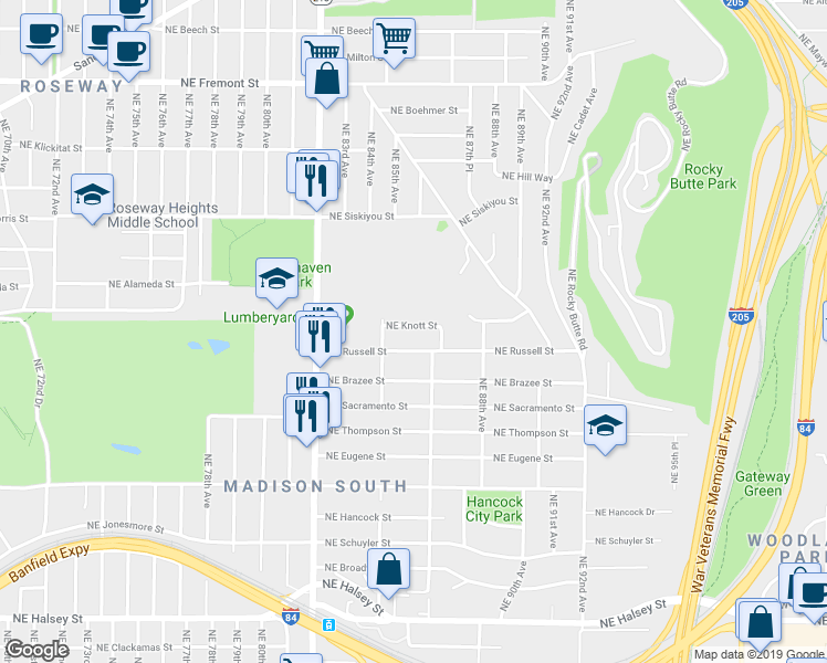 map of restaurants, bars, coffee shops, grocery stores, and more near 8430 Northeast Knott Street in Portland