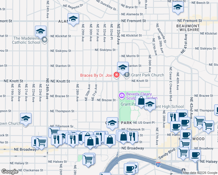 map of restaurants, bars, coffee shops, grocery stores, and more near 2620 Northeast 32nd Avenue in Portland