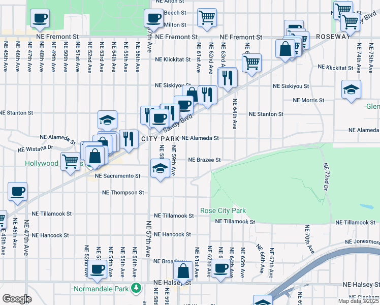 map of restaurants, bars, coffee shops, grocery stores, and more near 2528 Northeast 60th Avenue in Portland