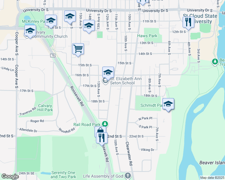 map of restaurants, bars, coffee shops, grocery stores, and more near 1702 11th Avenue South in St. Cloud