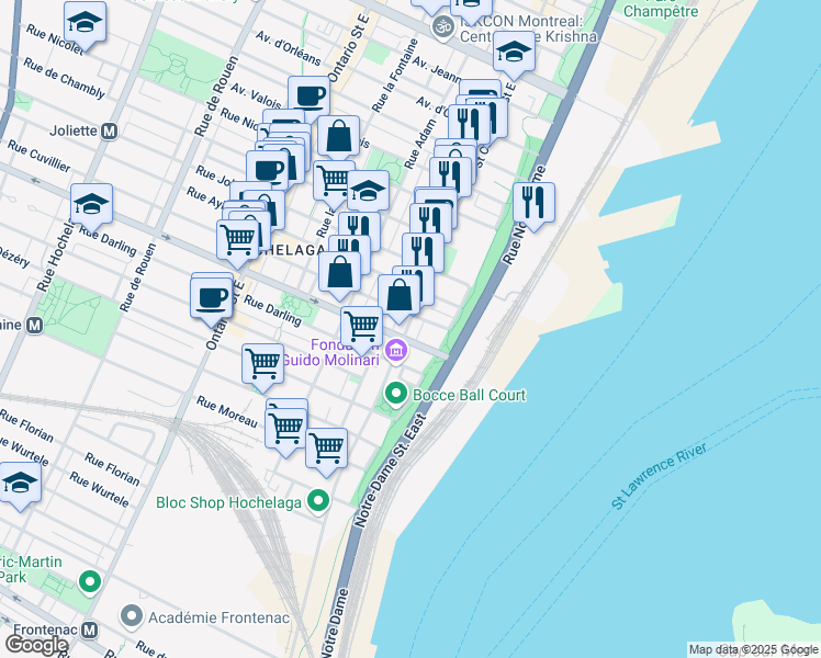 map of restaurants, bars, coffee shops, grocery stores, and more near 3412 Saint Catherine Street East in Montreal