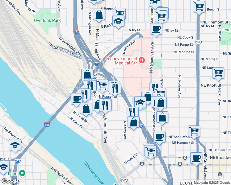 map of restaurants, bars, coffee shops, grocery stores, and more near 2624 North Borthwick Avenue in Portland