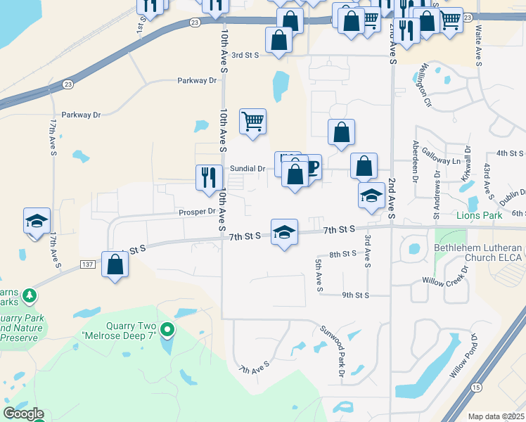map of restaurants, bars, coffee shops, grocery stores, and more near 510 10th Avenue South in Waite Park
