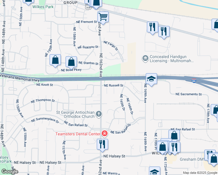 map of restaurants, bars, coffee shops, grocery stores, and more near 2540 Northeast 163rd Avenue in Portland