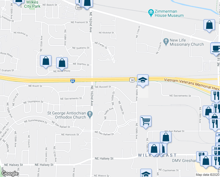 map of restaurants, bars, coffee shops, grocery stores, and more near 16446 Northeast Russell Street in Portland