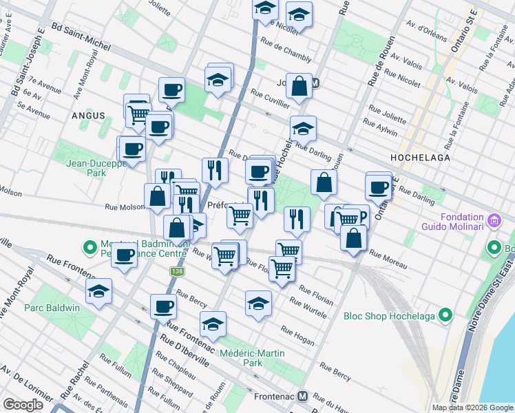 map of restaurants, bars, coffee shops, grocery stores, and more near 2508 Rue Moreau in Montréal