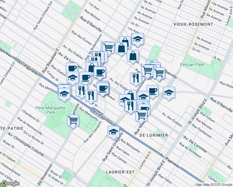 map of restaurants, bars, coffee shops, grocery stores, and more near 5726 Avenue De Lorimier in Montréal