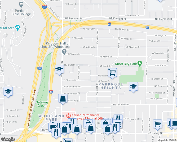 map of restaurants, bars, coffee shops, grocery stores, and more near 10637 Northeast Russell Court in Portland
