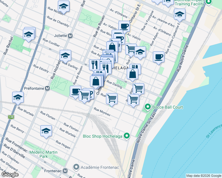 map of restaurants, bars, coffee shops, grocery stores, and more near 1849 Rue Saint-Germain in Montréal
