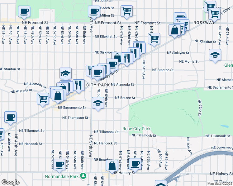 map of restaurants, bars, coffee shops, grocery stores, and more near 2528 Northeast 60th Avenue in Portland