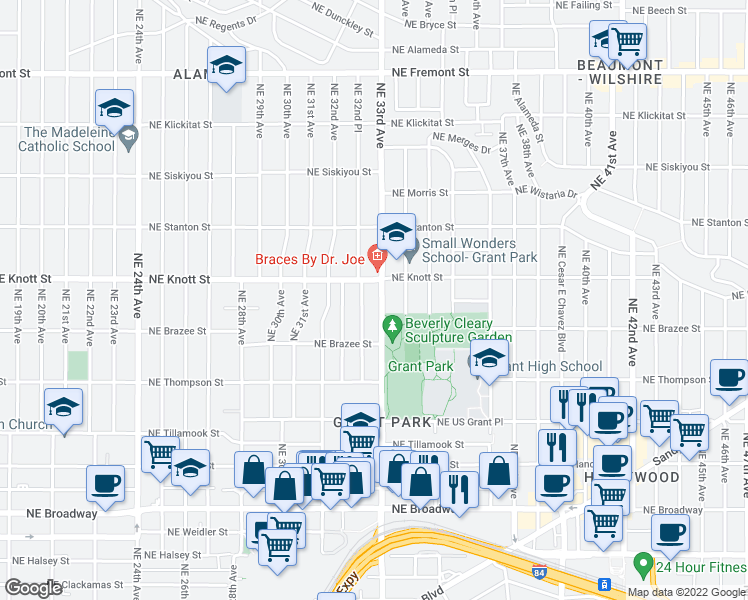 map of restaurants, bars, coffee shops, grocery stores, and more near 2617 Northeast 33rd Avenue in Portland